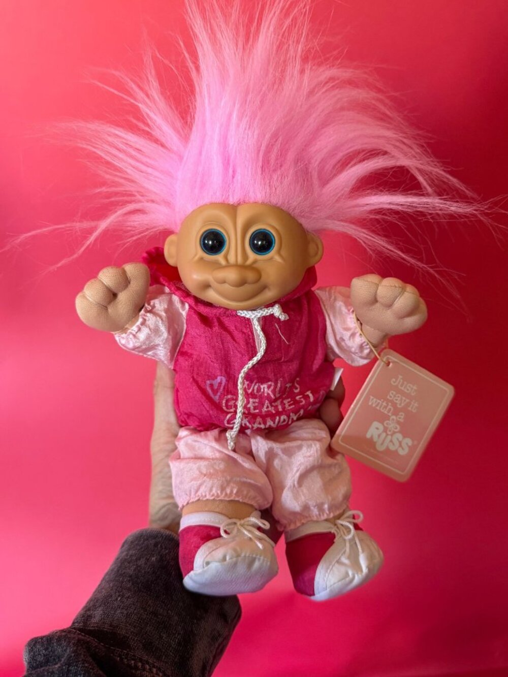 Vintage Russ Troll Doll Worlds Greatest Grandma | 1993 Pink Hair Plush Troll Kid